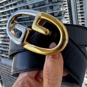 Gucci GG two tone silver gold vintage black leather belt size 70